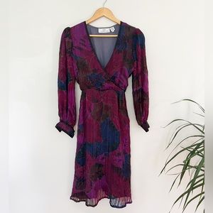 Vintage SILK Soo Yung Lee Designer Deep V Floral Dress Jewel Tones Leaf Print